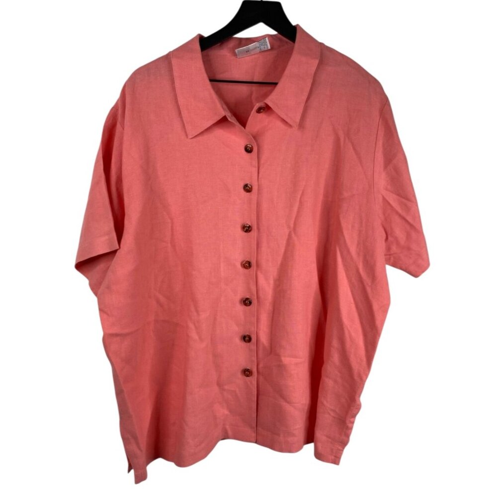 Kiko Woman Top Women's Linen Short Sleeves Button Up Pink Sz 1X Beach Office